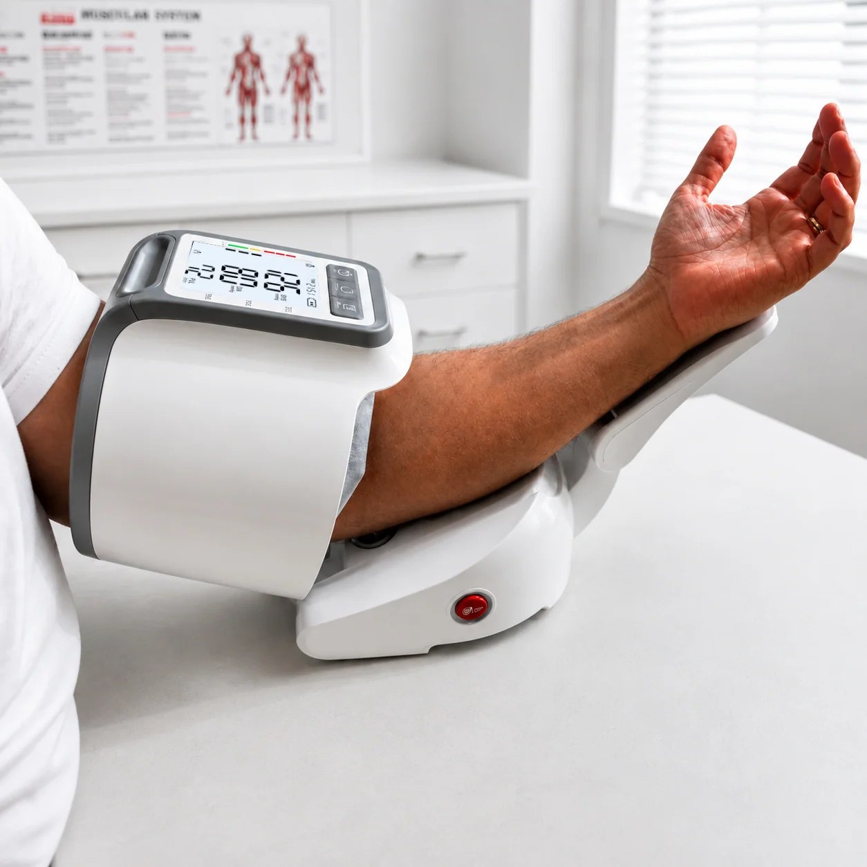 Person using a blood pressure monitor with their arm resting on its support