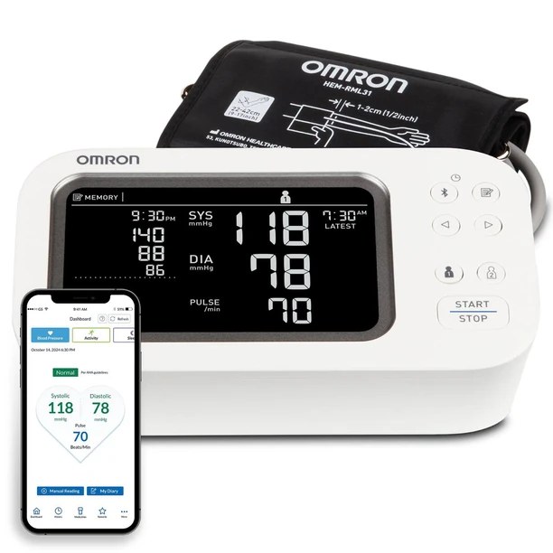 OMRON upper-arm blood pressure monitor with cuff and phone app shown