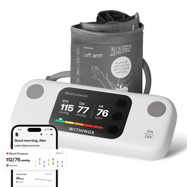 WITHINGS upper-arm blood pressure monitor with cuff and phone app shown
